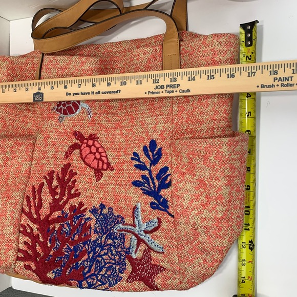 Vera Bradley Straw Tote Bag Beach Nautical Coral Turtle Embroidered - Picture 2 of 14